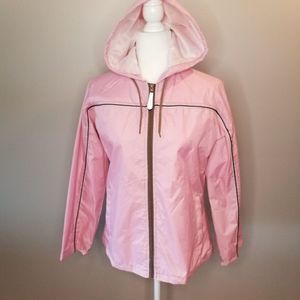 Pink Raincoat Hooded Jacket with Brown Zipper and Trim has No Brand Label..NWOT